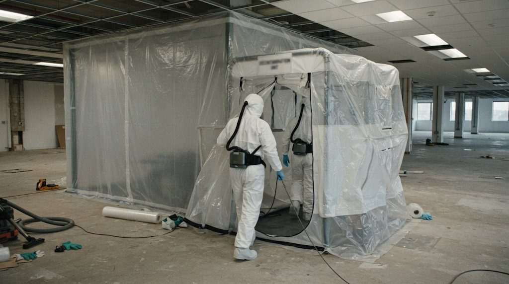 An enclosure with decontamination unit set up inside an empty office floor.