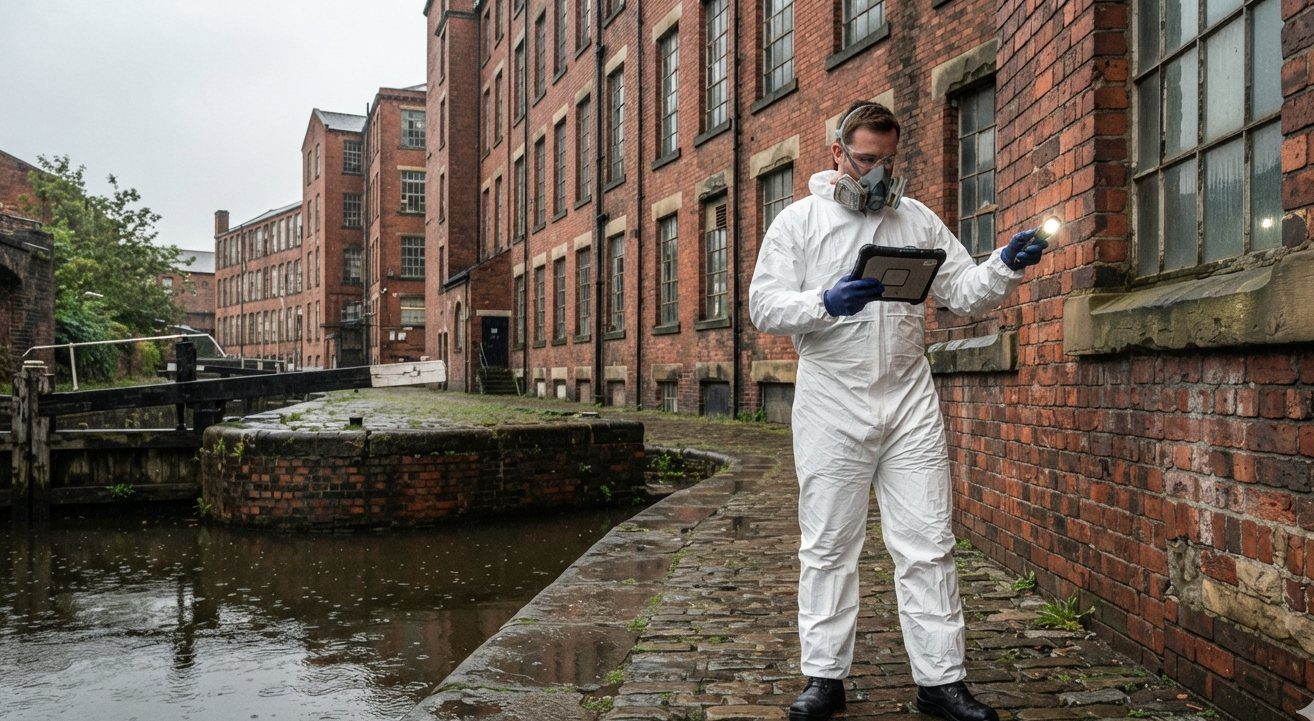 Surveying the grounds of a canal-side mill.